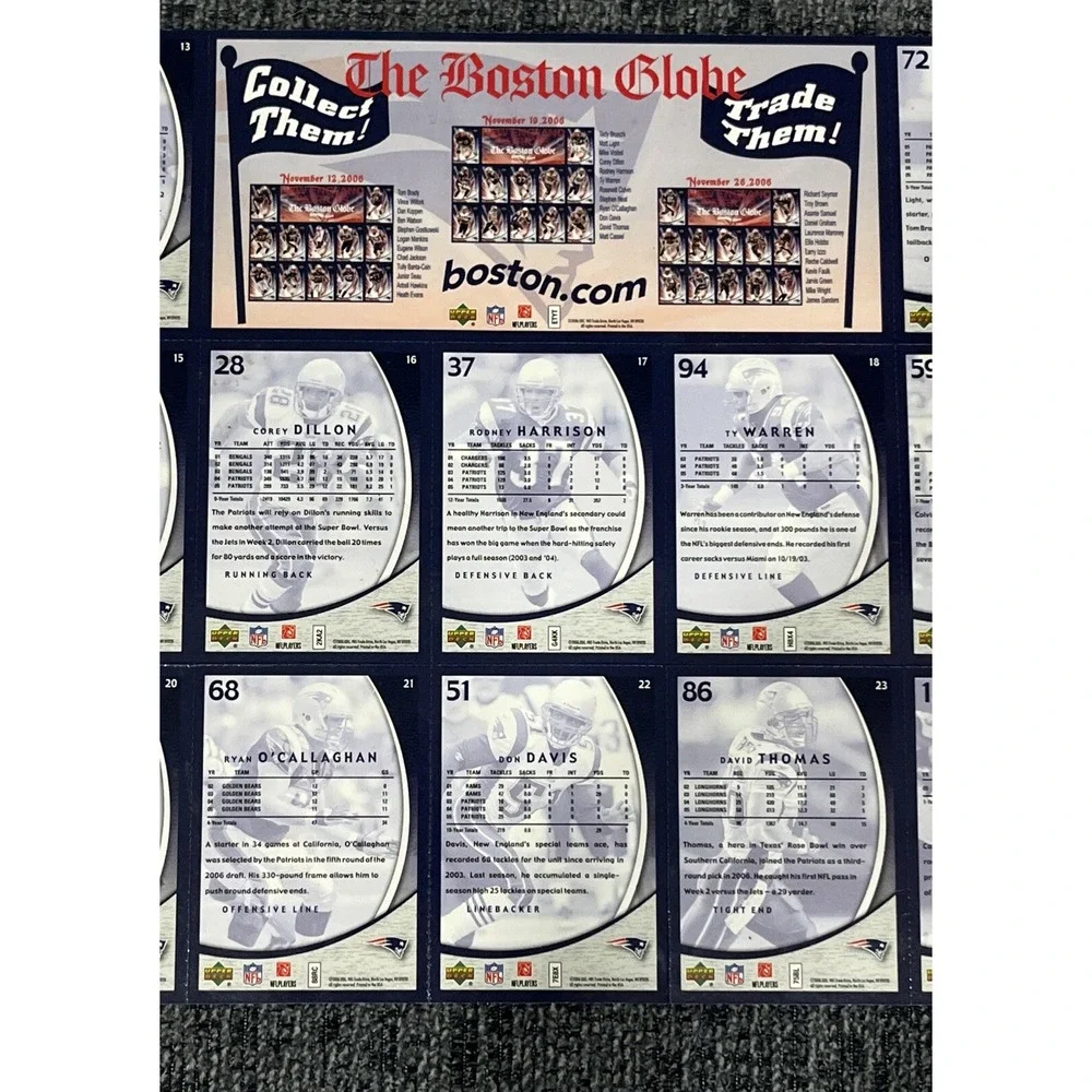 2006 Upper Deck‎ Boston Globe New England Patriots Nov 19 Uncut Card Sheet 13-24